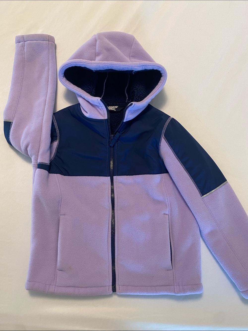 Lands End Kids Lavender and Navy Zip-Up Hooded Fleece Jacket. Size 7